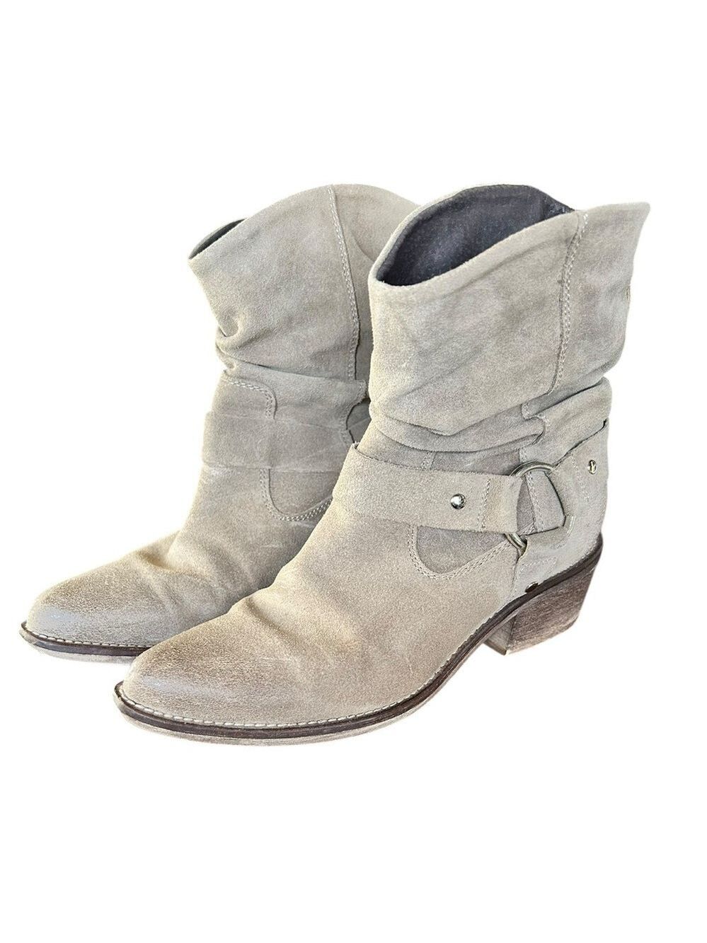Mark Jenkins Dallas Distressed Suede Leather Scrunch Harness Ankle Boots VGC W7